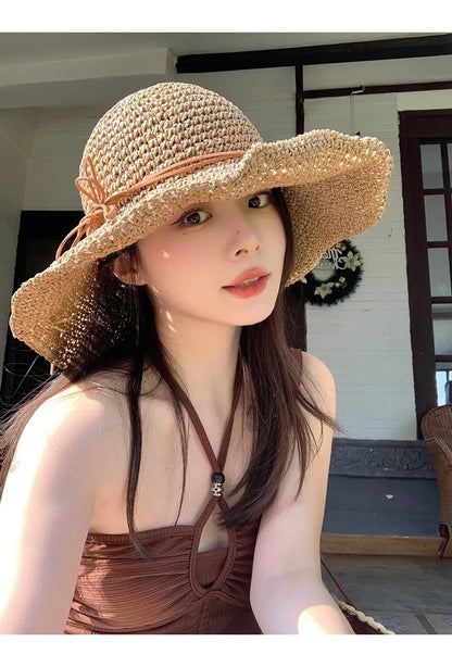 Women’s Holiday Beach Sun Hat – Large Brim Woven Straw Fisherman Hat with Bow, Seaside Sun Protection Panama Chapeau Korean Style