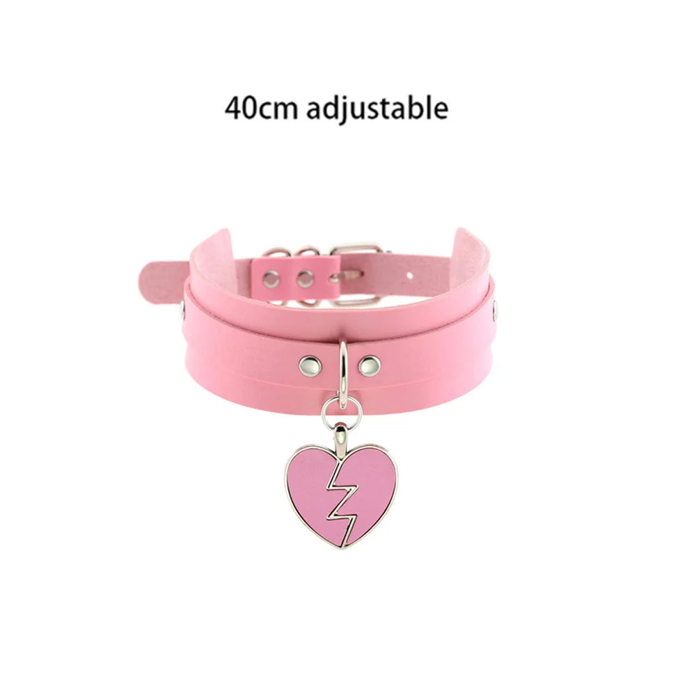 Pink Gothic Collar Necklace – Trendy Rock Leather Heart with Rivets, Harajuku Punk Choker Jewelry for Women, Gift Idea
