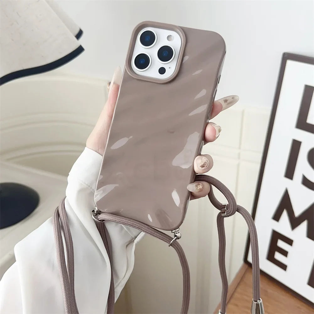 Glossy Wave Ripple Crossbody Lanyard Phone Case for iPhone 17/16/15 Pro Max Air 14 13 12 11 XR X 8 7 - Soft Silicone Protective Cover with Strap
