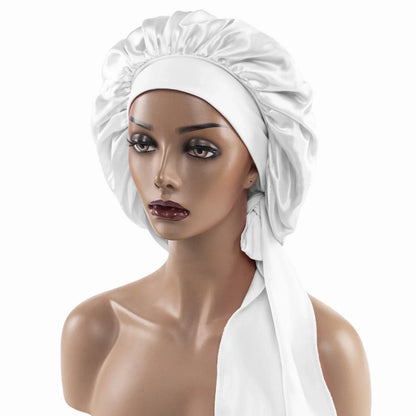 Satin Nightcap for Women - Wide Stretch, Extra-Large Long Tail, Shower Cap with Ribbon, Round Hat Hair Bonnet