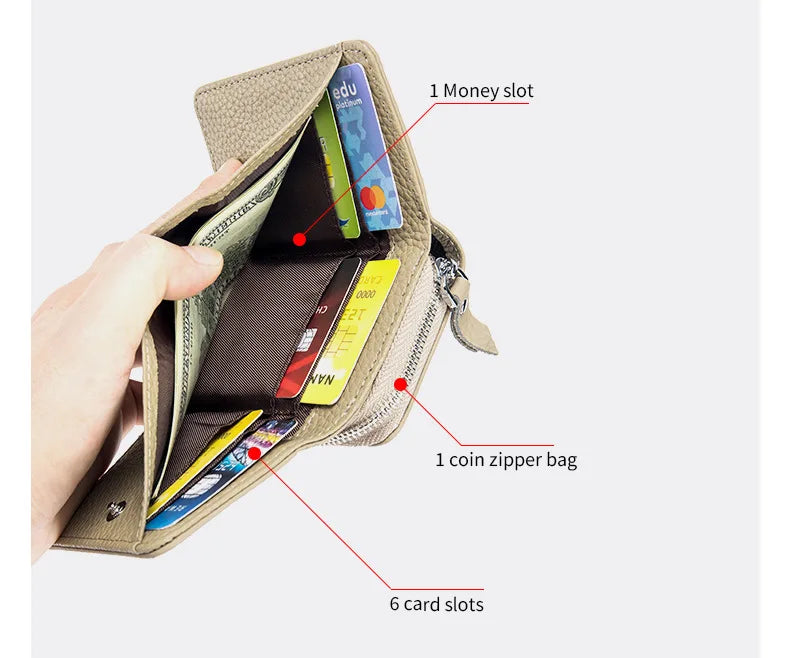 Genuine Leather Women’s Wallet — Small Zipper Coin Purse, Short Cowhide RFID Card & Money Holder, Perfect Gift for Women