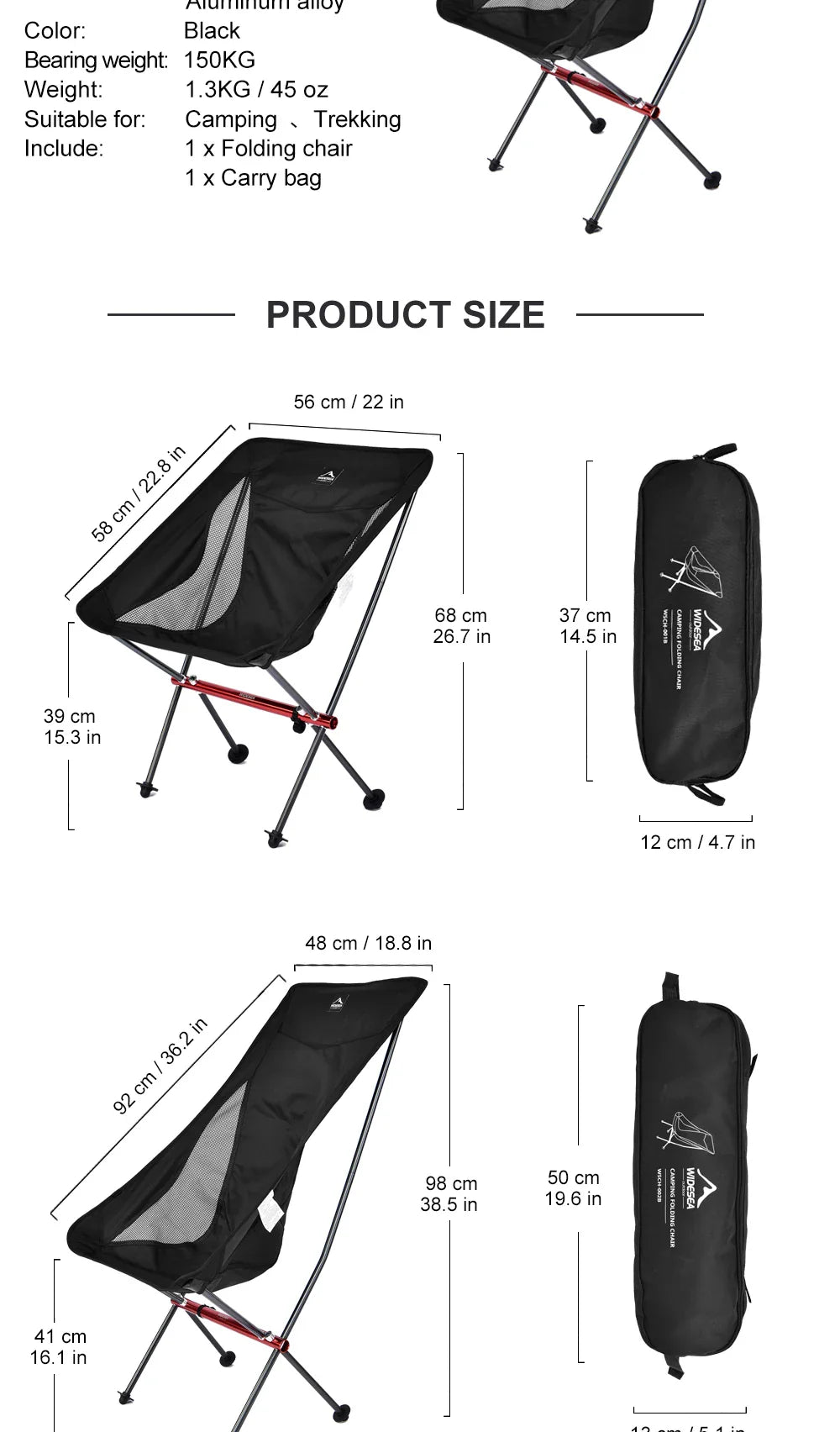 Widesea Folding Camping Fishing Chair – Portable Beach Lounge Chair for Relaxing, Travel, Picnic & Leisure Use
