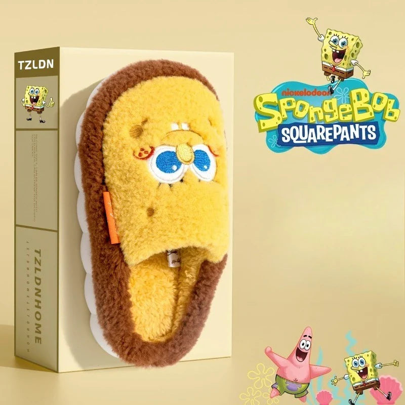 SpongeBob Suede House Slippers for Men & Women — Slip-On Fuzzy Indoor/Outdoor Shoes with Faux Fur Lining