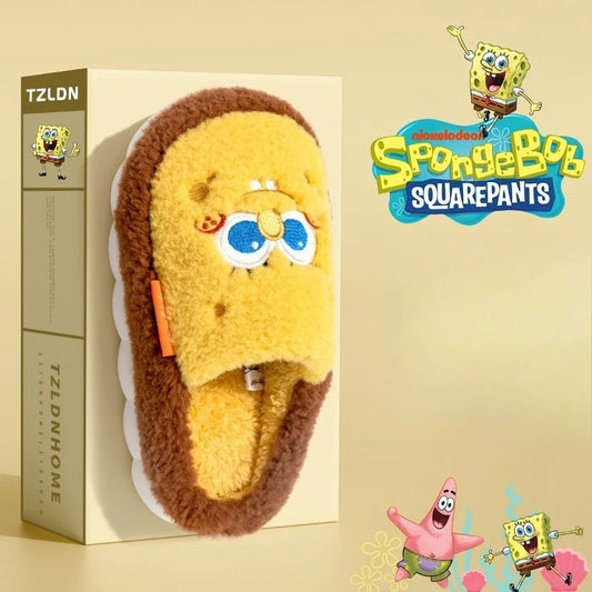 SpongeBob Suede House Slippers for Men & Women — Slip-On Fuzzy Indoor/Outdoor Shoes with Faux Fur Lining
