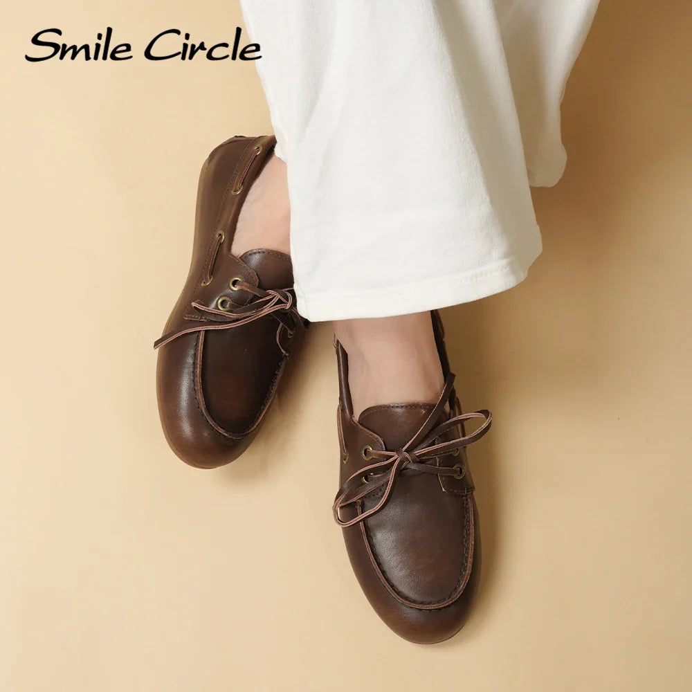 Smile Circle Women’s Genuine Leather Boat Shoes – Lace-Up Moccasins, Flat Casual Loafers