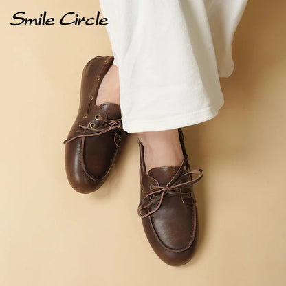 Smile Circle Women’s Genuine Leather Boat Shoes – Lace-Up Moccasins, Flat Casual Loafers