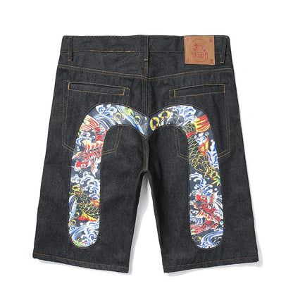 Men's Embroidered Denim Shorts - Black Hip-Hop Washed Cotton Shorts with Dragon & Cherry Blossom Design