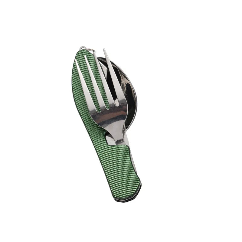 Portable Stainless Steel Camping Cutlery Set – Foldable Spoon, Fork, Knife & Bottle Opener Multitool
