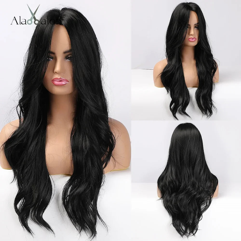ALAN EATON Black Long Wavy Synthetic Wig – Natural Afro Hair, Middle Part, Heat-Resistant Fiber for Daily Use