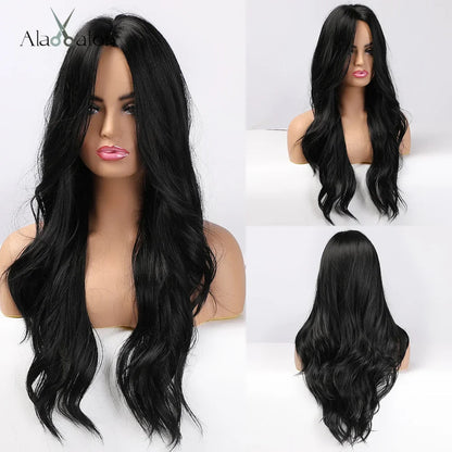ALAN EATON Black Long Wavy Synthetic Wig – Natural Afro Hair, Middle Part, Heat-Resistant Fiber for Daily Use