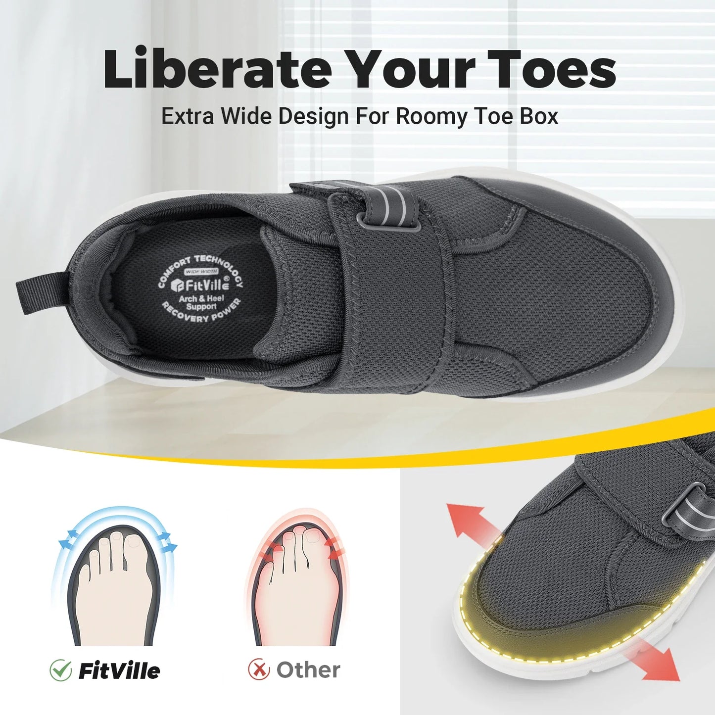 FitVille Extra Wide Diabetic Walking Shoes for Men, Hook & Loop Adjustable Comfort Shoes for Swollen Feet, Neuropathy & Pain Relief