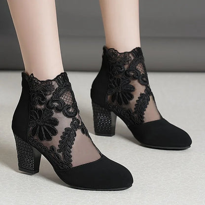 Women’s Spring Lace Boots – Fashion High Heels Ankle Shoes with Round Toe, Plus Size Available