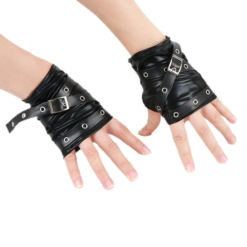 Women Gothic Fingerless Gloves – Black Half Finger Short Leather Gloves with Metal Buckle Wristband, Punk Style Arm Sleeves & Fashion Accessories