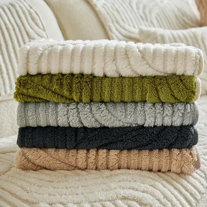 Wave Striped Plush Sofa Cover – Thick Non-Slip Couch Slipcover & Sofa Mat for Living Room, Solid Color Protective Towel