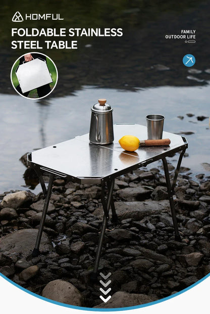 Outdoor Portable Stainless Steel Picnic Table – Durable Height Adjustable Folding BBQ & Camping Cooking Table