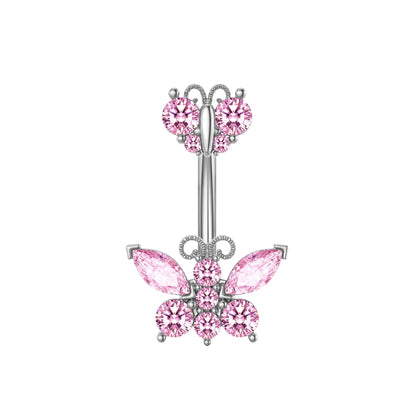 Pink Crown Belly Button Ring – Stainless Steel Heart Navel Piercing Barbell with Crystal for Women & Girls