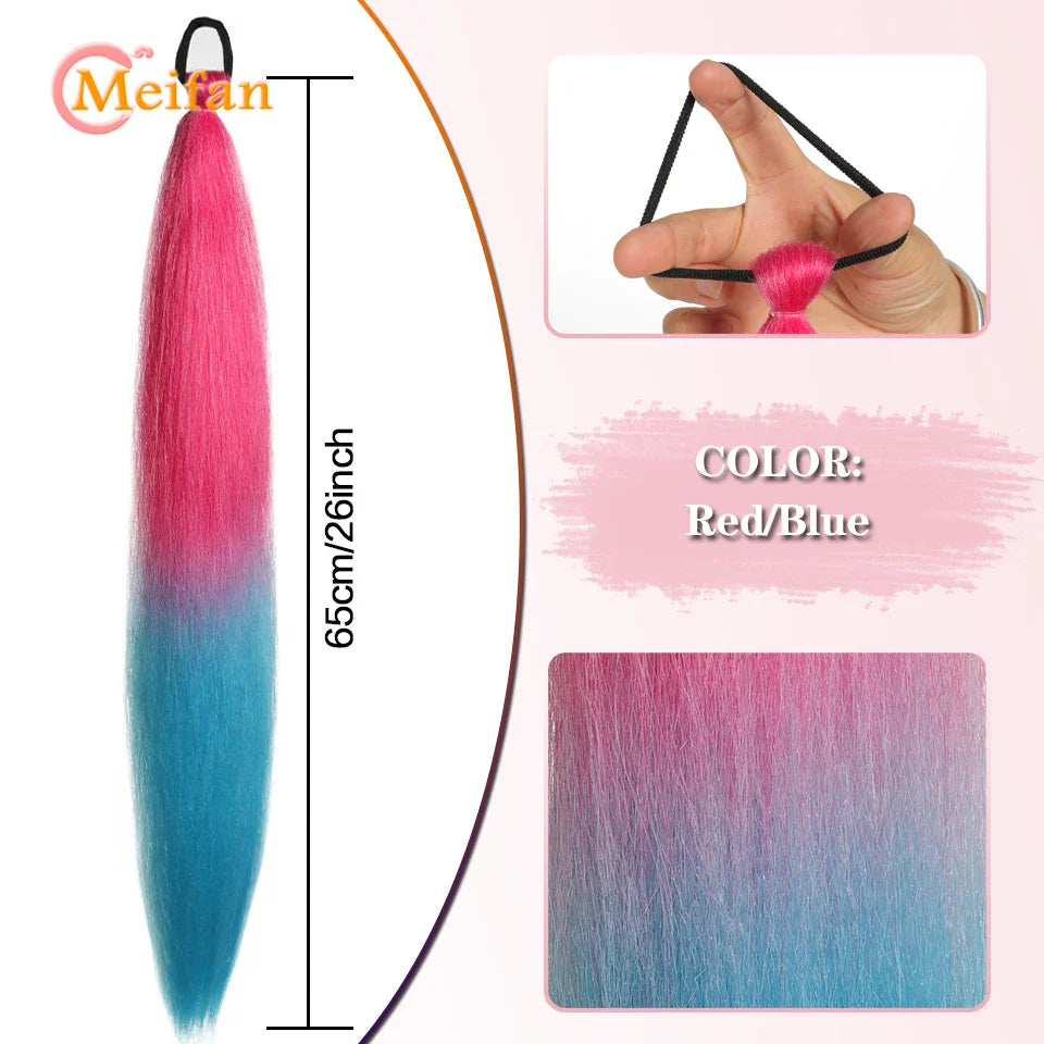 MEIFAN Synthetic Color Braid Ponytail Extension – Red, Green, Blue, Pink, Straight Hair Wrap Around with Elastic Tie