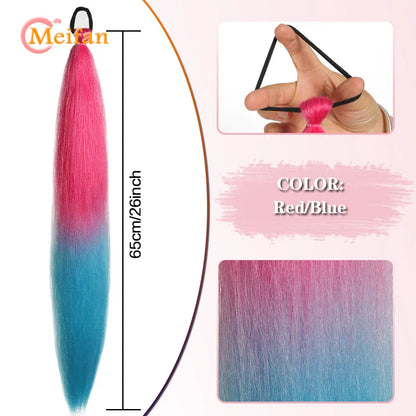 MEIFAN Synthetic Color Braid Ponytail Extension – Red, Green, Blue, Pink, Straight Hair Wrap Around with Elastic Tie