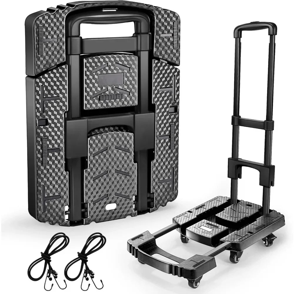 Folding Hand Truck 600lbs – Portable Heavy-Duty 6-Wheel Collapsible Luggage Dolly Cart with 2 Elastic Ropes