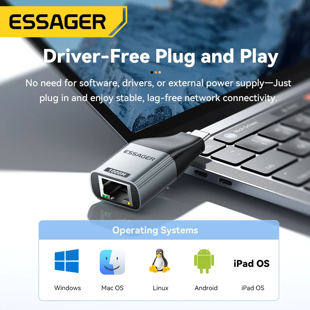Essager Type-C to Ethernet Adapter – 100/1000Mbps Gigabit RJ45 to Type-C Adapter for MacBook, Laptop Wired Network Card