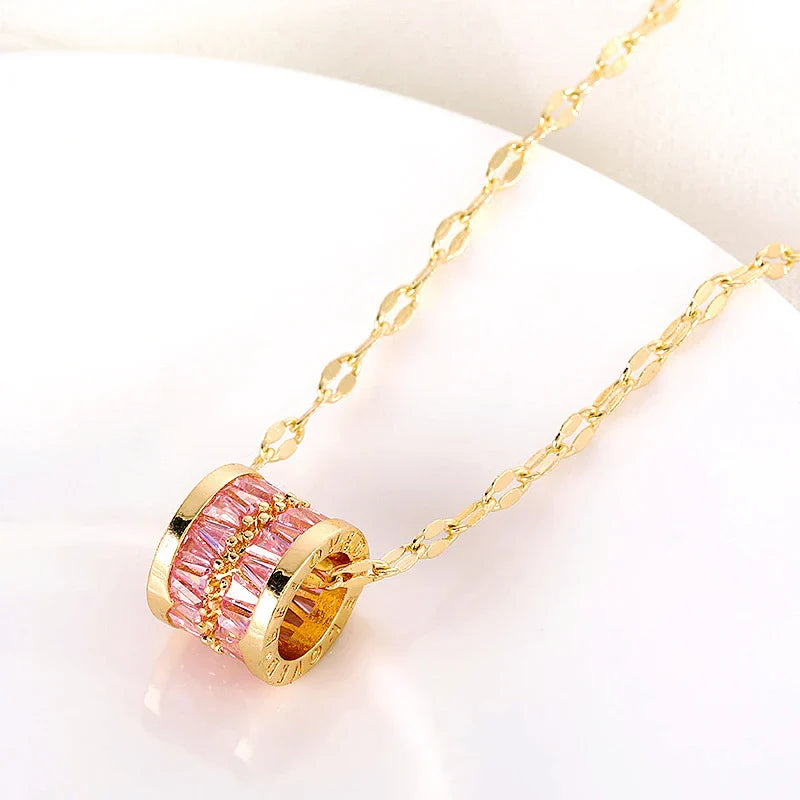 3 Color Lucky Beads Pendant Necklace – Stainless Steel & Sparkly Zircon Jewelry for Women