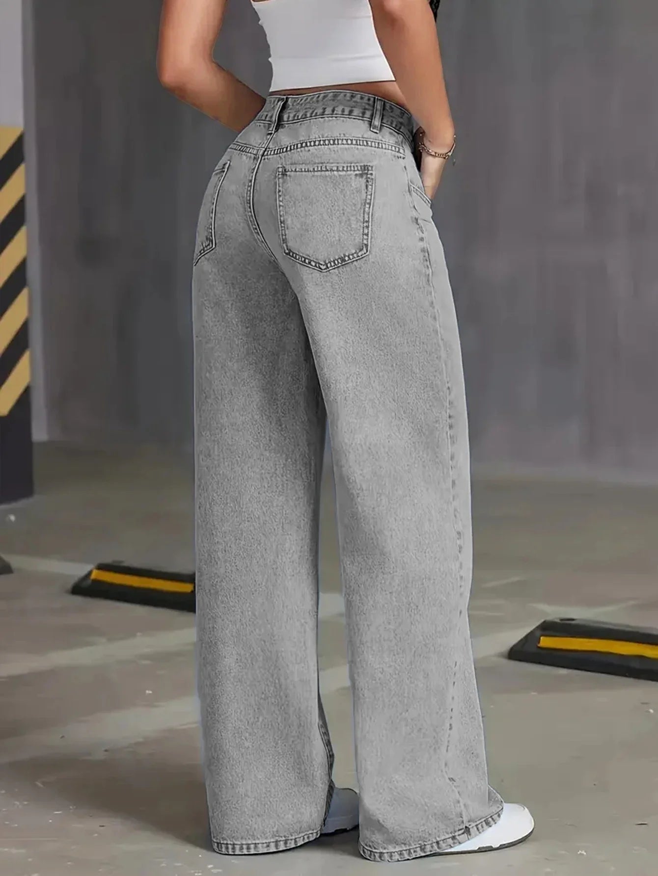 Women’s Autumn High-Waisted Wide-Leg Jeans – Light Grey Washed Loose-Fit Casual Denim Pants