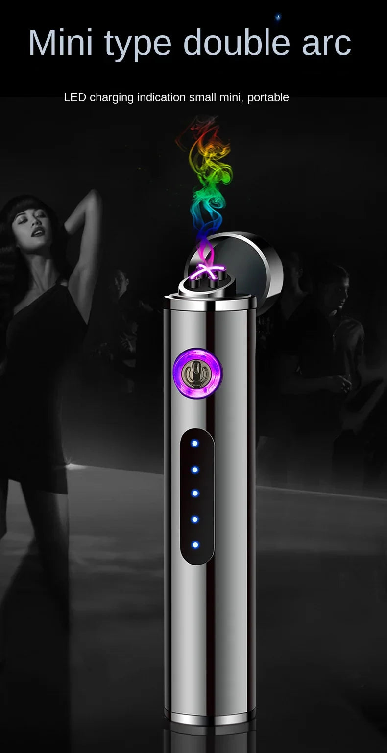 USB Rechargeable Cylindrical Dual Arc Plasma Lighter – Portable Metal Cigarette Lighter