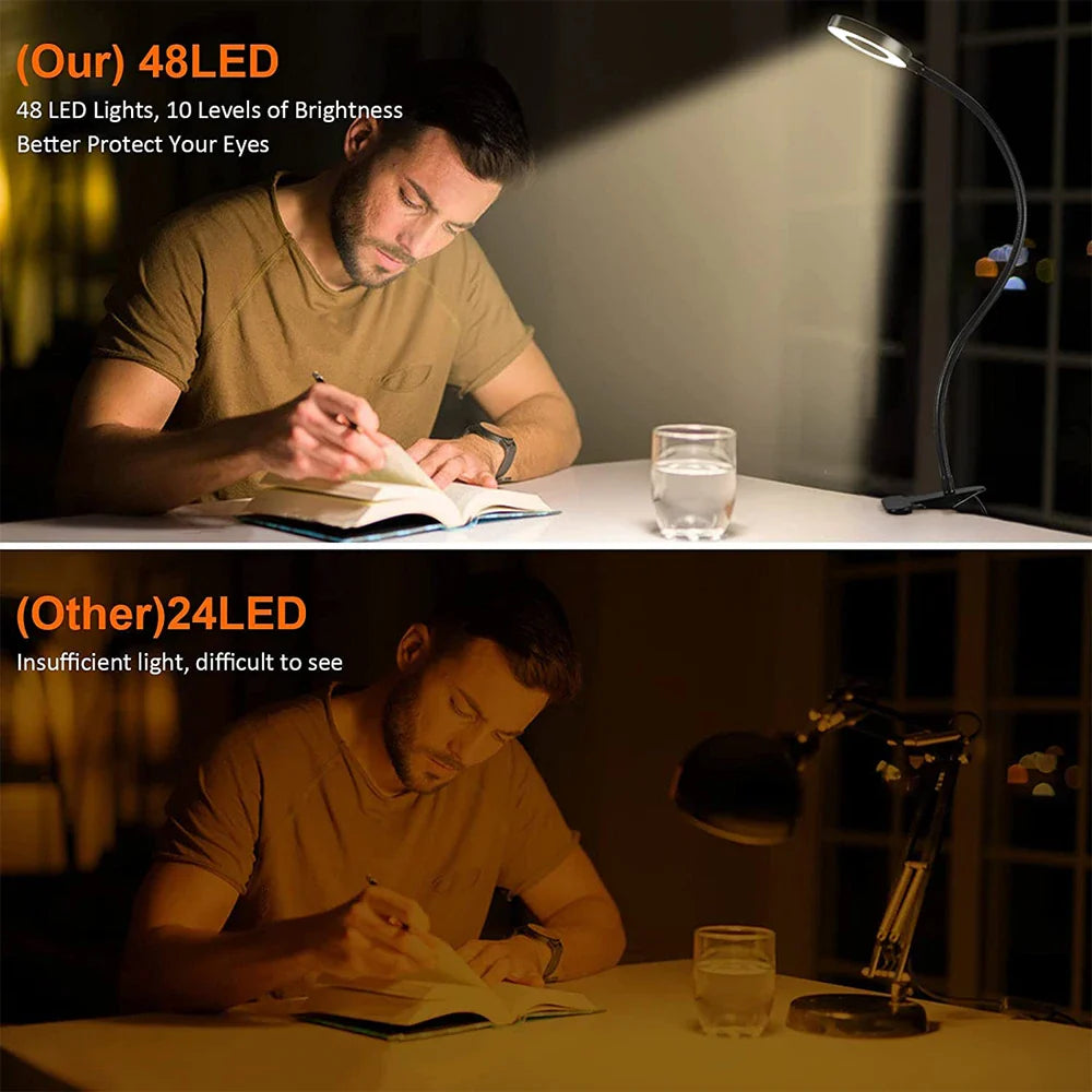 48 LEDs Clip-On Desk Lamp: 360° Flexible Gooseneck Reading Table Light - Eye-Caring USB Clamp for Books, Night Light, Study, and Reading