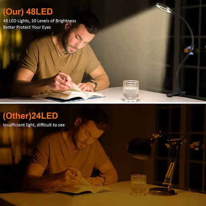 48 LEDs Clip-On Desk Lamp: 360° Flexible Gooseneck Reading Table Light - Eye-Caring USB Clamp for Books, Night Light, Study, and Reading