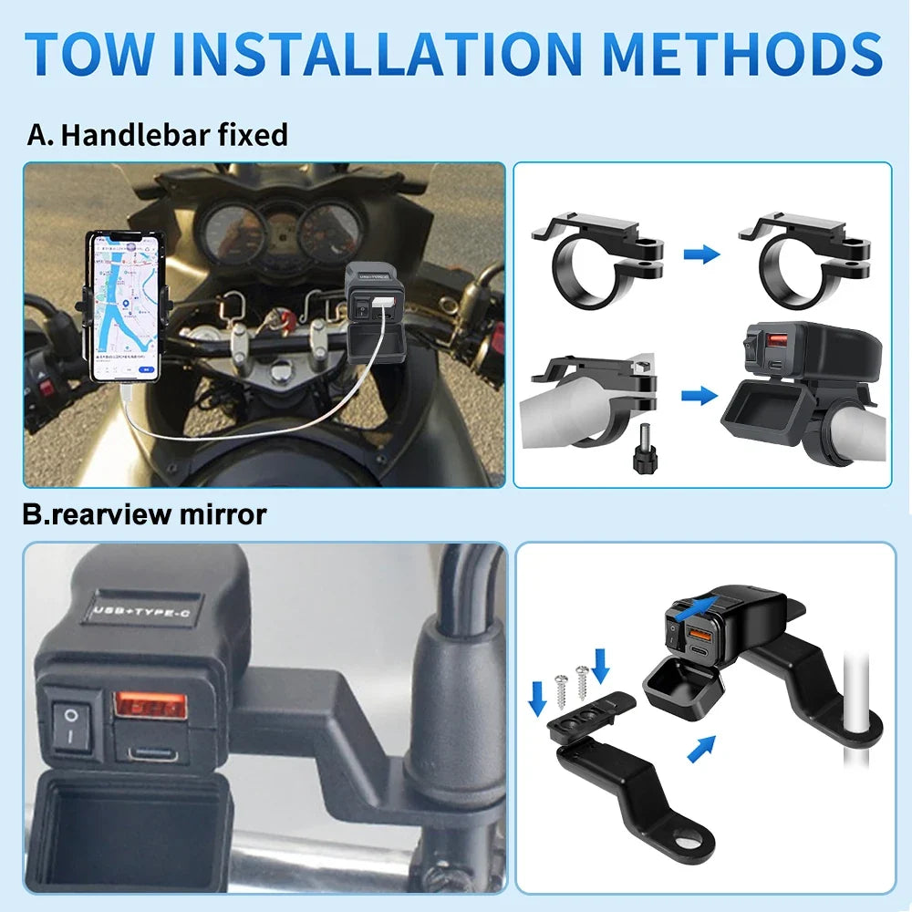 60W PD QC3.0 Motorcycle USB Fast Charger - Dual USB Handlebar Socket With Switch Voltmeter Waterproof 12V Power Adapter