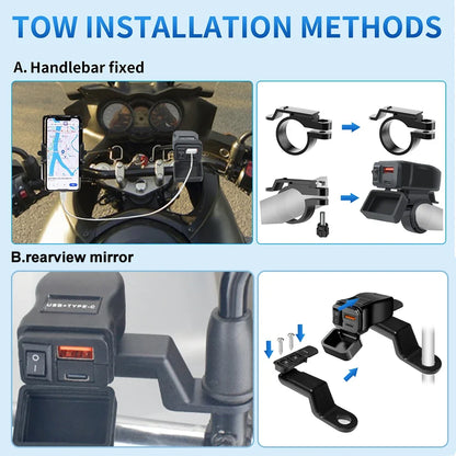 60W PD QC3.0 Motorcycle USB Fast Charger - Dual USB Handlebar Socket With Switch Voltmeter Waterproof 12V Power Adapter
