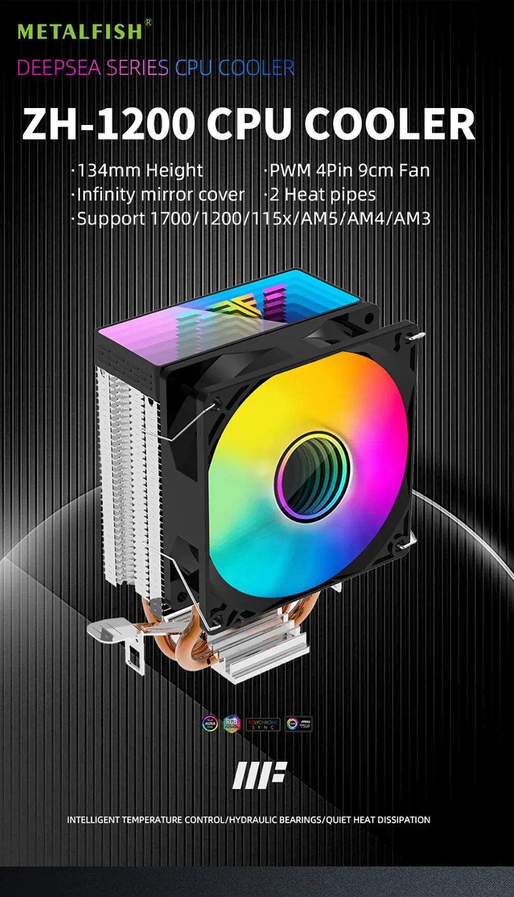 METALFISH ZH1200 CPU Cooler — 2 Heatpipe ARGB Radiator with 4-Pin PWM Silent Fan for Intel LGA 1700/1200/115X/1366/2011 & AMD AM5/AM4/AM3