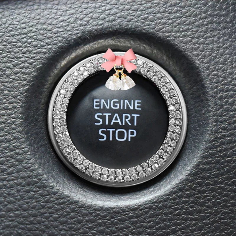 Rhinestone Bow Car Start Button Trim - Sparkling Diamond Decorative Ring Protective Cover for Auto Accessories