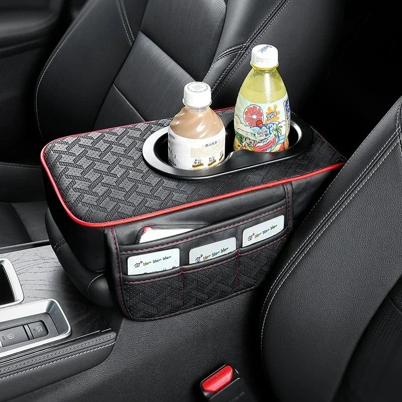 Universal Car Center Console Organizer Armrest Cover – Thickened Storage Pad with 2 Side Pockets & Dual Cup Holders for Cars & SUVs
