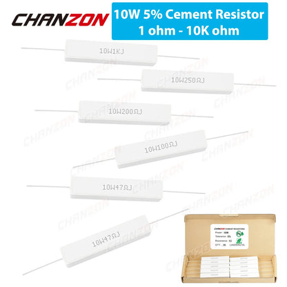 10Pcs Ceramic Wirewound Resistor Set (5W/10W/20W) – Cement Power Resistors Assortment 0.1Ω–20KΩ for Electronics, Circuit & Repair Use