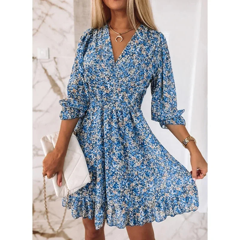 Women’s Summer Floral Midi Dress - Casual Bohemian Printed Short Sleeve Waist-Fitted Pullover Dress