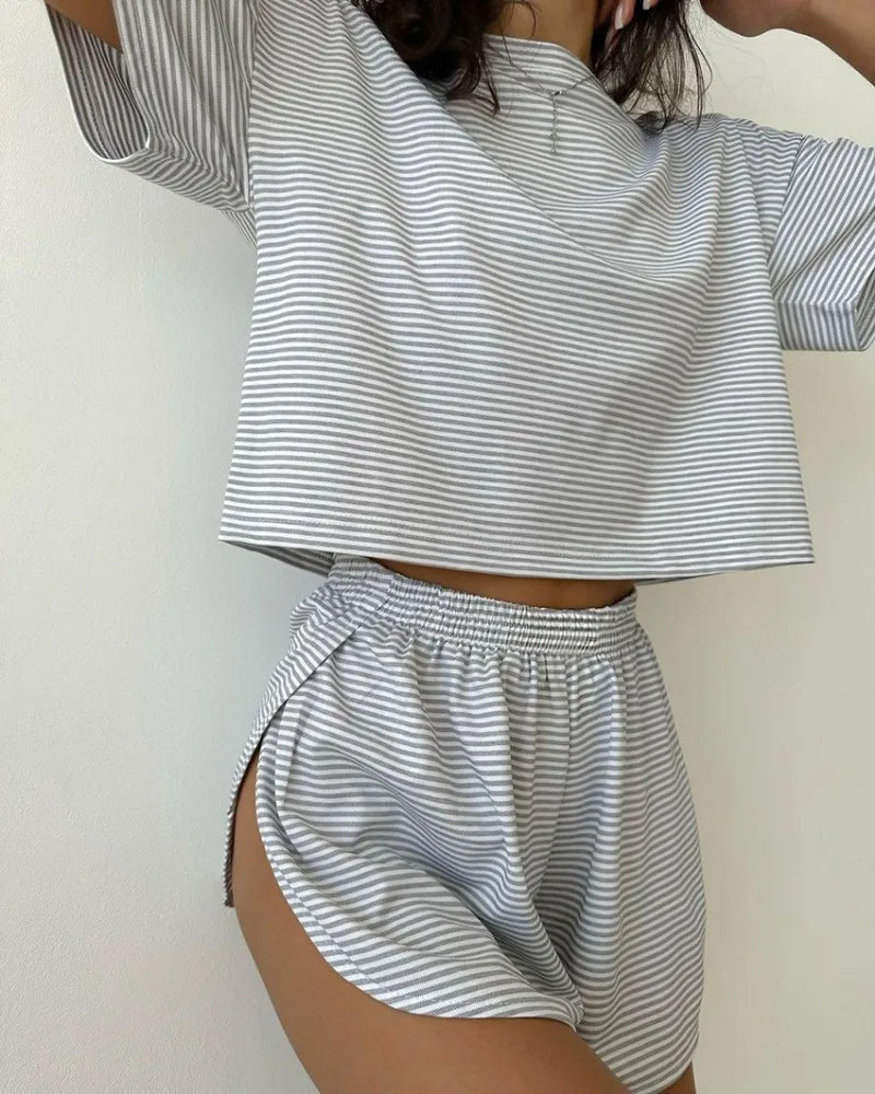 Women's Stripe 2-Piece Pajamas Set – Short Sleeve Top & Shorts Casual Sleepwear