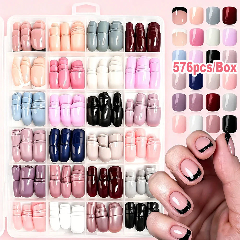 576PCS Colorful Press-On Fake Nails Set – Black & Red Oval/Square Short Full Cover Nail Tips for Salon-Style Nail Art