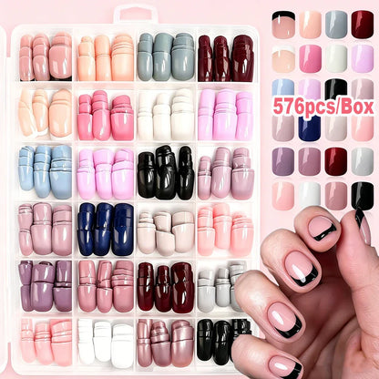 576PCS Colorful Press-On Fake Nails Set – Black & Red Oval/Square Short Full Cover Nail Tips for Salon-Style Nail Art
