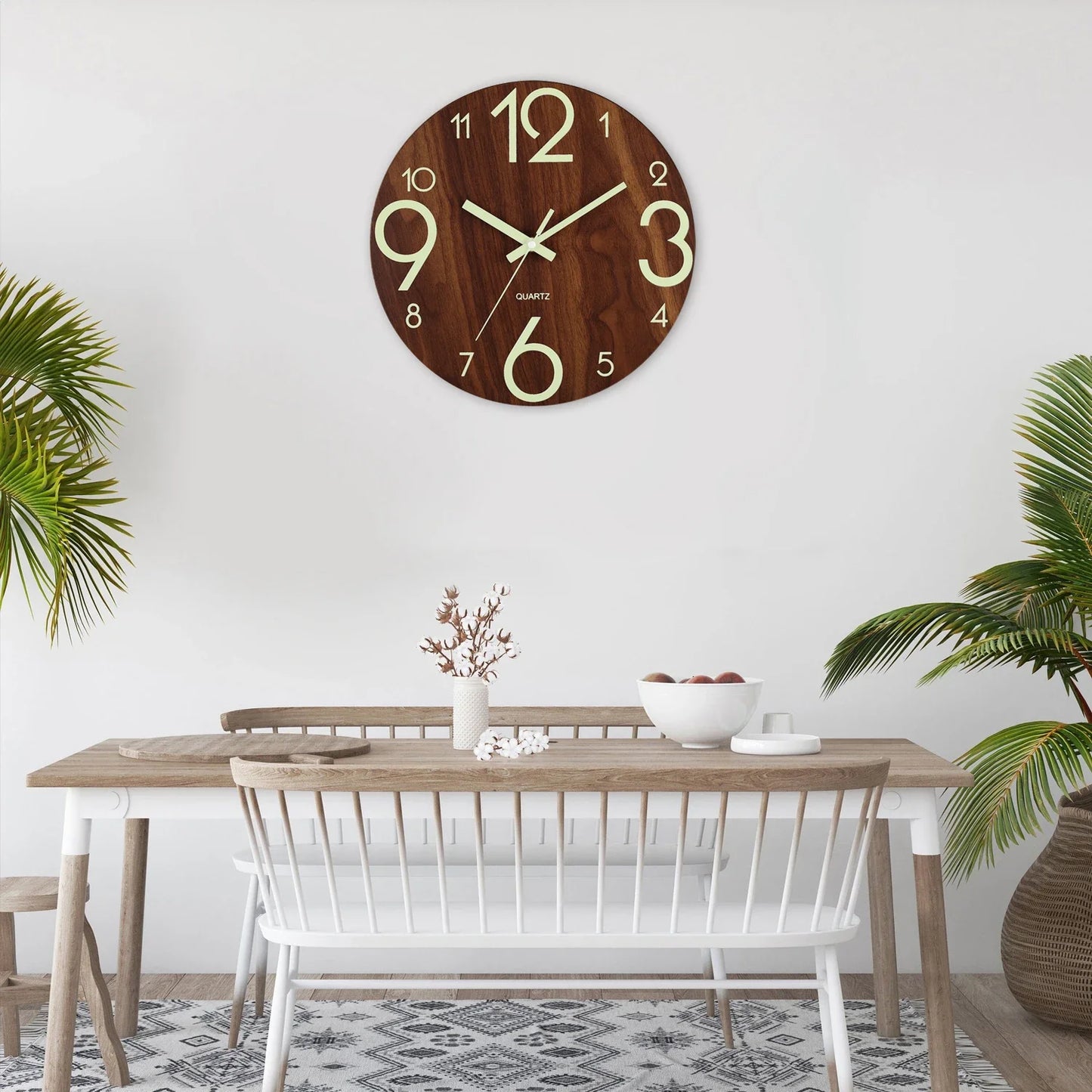 12-Inch Luminous Wall Clock — Nordic Wooden Silent Clock with Night Light, Non-Ticking Design for Dark Room