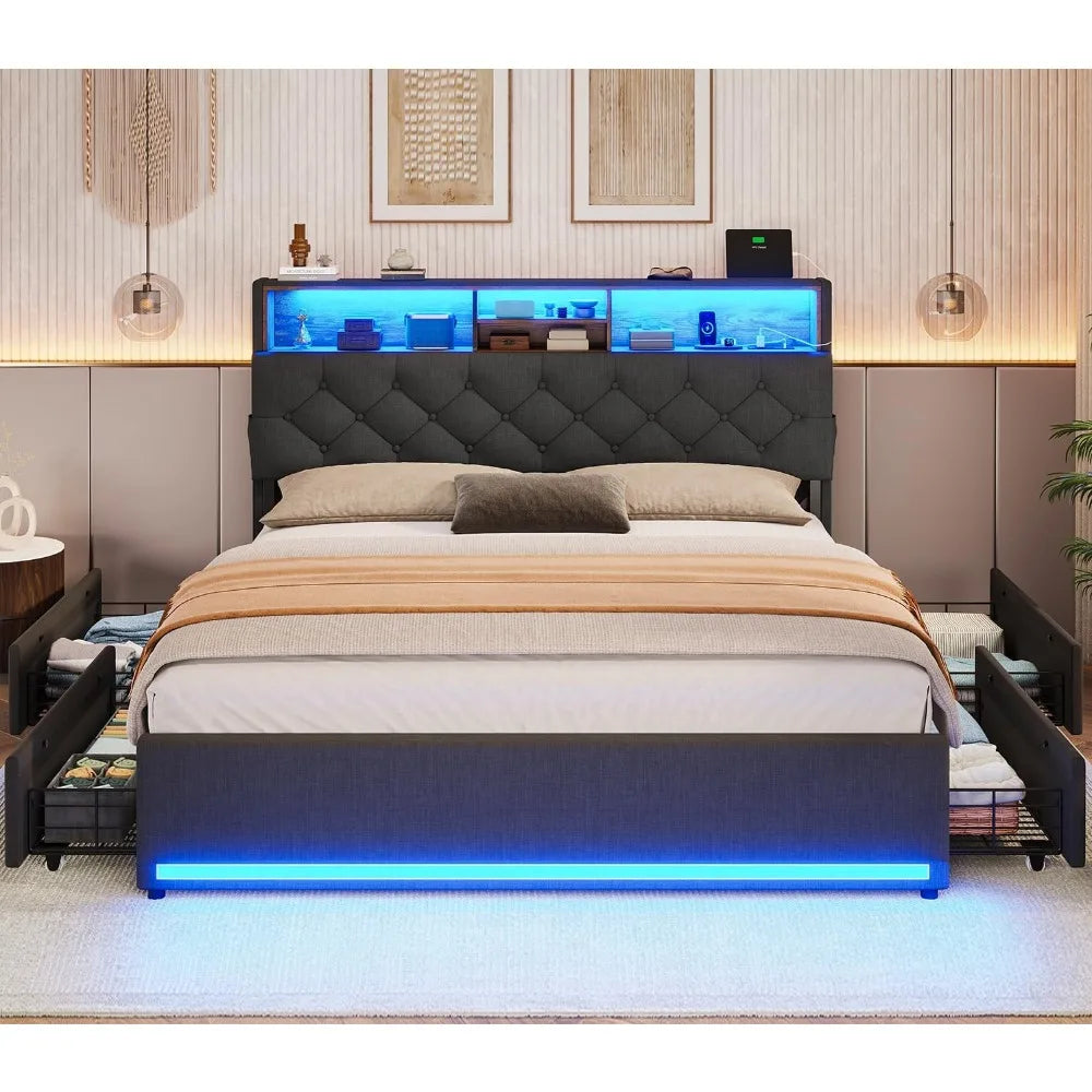 Queen Bed Frame with Headboard & 4 Drawers – LED Upholstered and Metal Bed with Charging Station, Twin & Queen Sizes