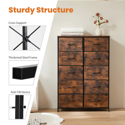 Bedside Table with 10 Fabric Drawers – Steel Frame Storage Cabinet for Bedroom & Living Room
