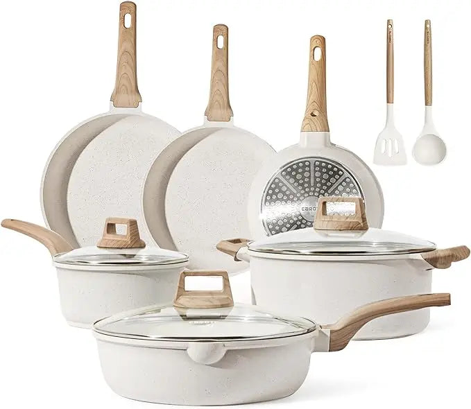 CAROTE 21 Piece White Granite Nonstick Cookware Set - Induction-Ready Pots, Pans, and Frying Pans