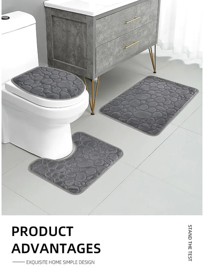 Solid Color Simple Bathroom Mat Set - Water-Absorbing, Non-Slip Stone Pattern, Comfortable & Soft (3PC)