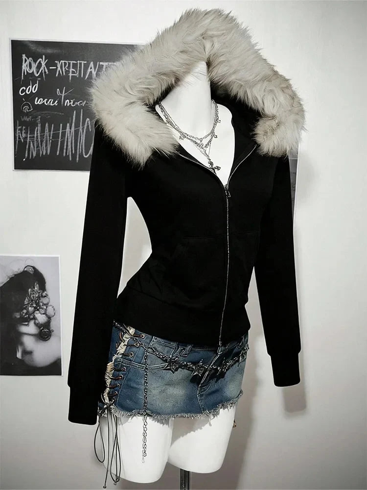Women’s Y2K Gothic Hoodie - Slim Suede Fur Collar Letter Print Streetwear Sweatshirt