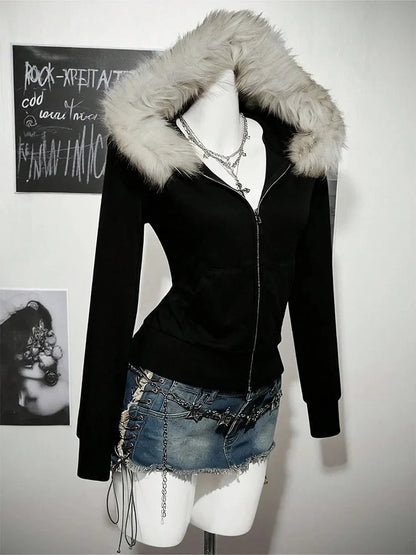 Women’s Y2K Gothic Hoodie - Slim Suede Fur Collar Letter Print Streetwear Sweatshirt