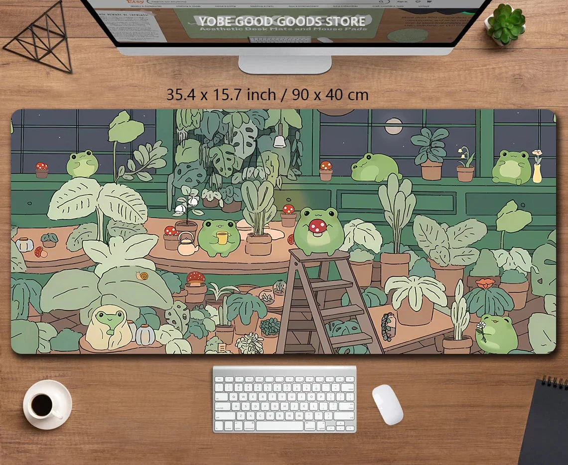 Kawaii Frogs XXL Desk Mat – Cute Anime Aesthetic Gaming Mousepad, Green Nature & Lofi Plant Extended Mouse Pad