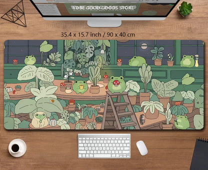 Kawaii Frogs XXL Desk Mat – Cute Anime Aesthetic Gaming Mousepad, Green Nature & Lofi Plant Extended Mouse Pad