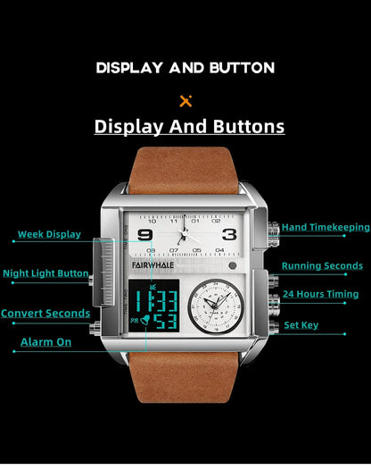 Mark Fairwhale Men’s Luxury Square Quartz Watch — Fashion Waterproof Military Leather Strap Wristwatch