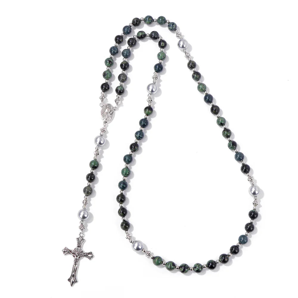 6mm Tiger Eye Rosary Beads Necklace – Catholic Jesus & Virgin Mary Pendant Long Knotted Chain Religious Jewelry for Men & Women
